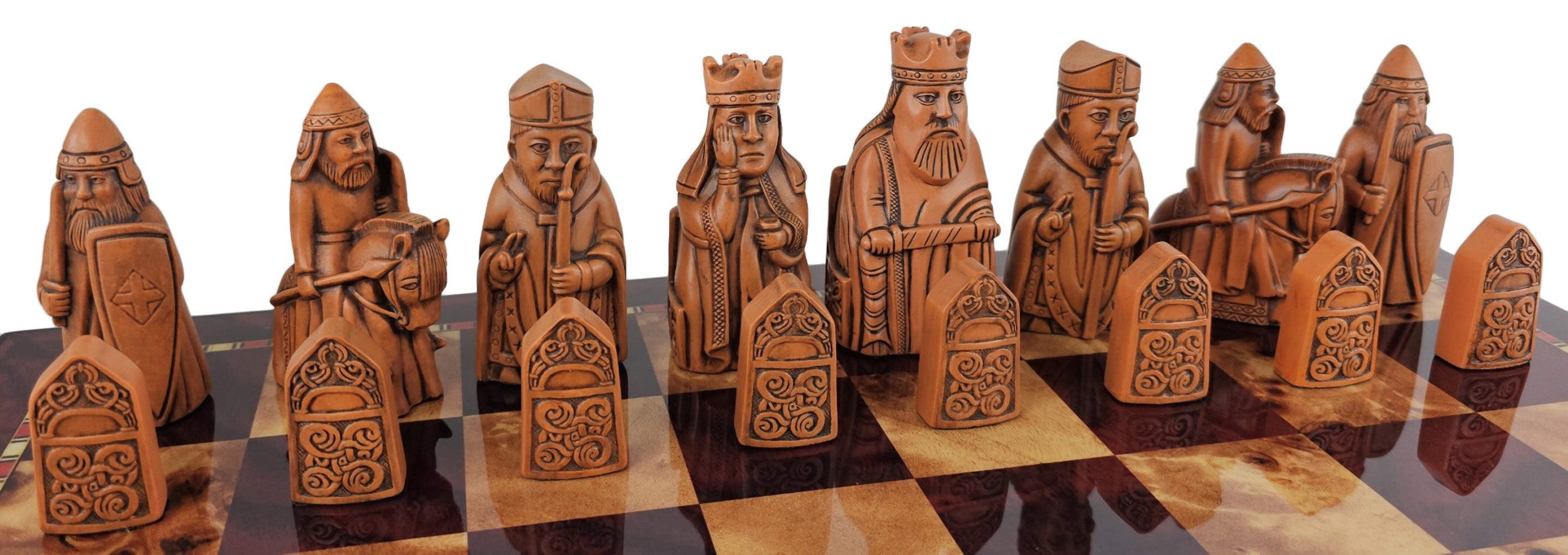 Large Isle of Lewis RUST Chess Set 3 1/4" King with 18" Cherry Color Board
