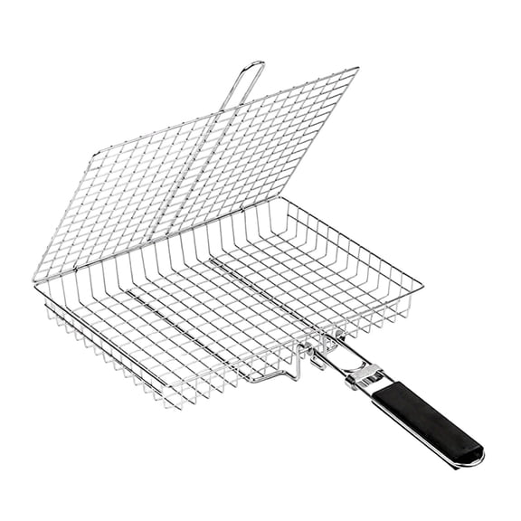 Leodye 1PCS Stainless Steel Outdoor Folding Grilling Net with Handle Fish Sausage Clip Barbecue Rack for Camping Picnic and BBQ -18.31x12.60x1.57in