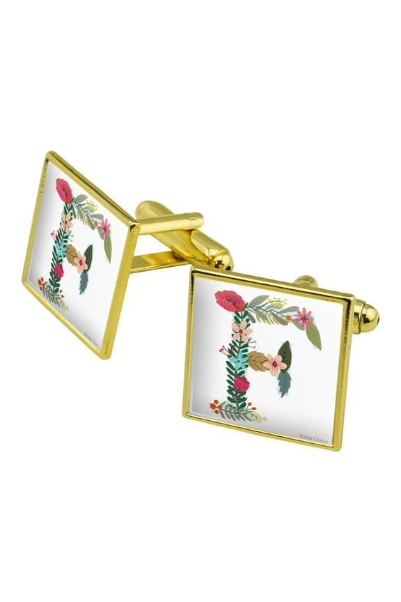 Letter F Floral Monogram Initial Square Cufflink Set - Silver or Gold