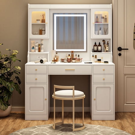 CQSXDA Large White Vanity Table Set with Big Mirror, 6 Drawers & Shelves for Makeup and Accessories Organization(Excluding chairs)