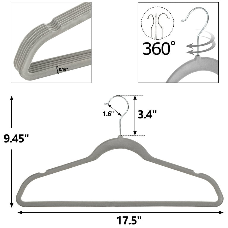 100 Velvet Suit Hangers - Non-Slip with Chrome Swivel Hook - Gray