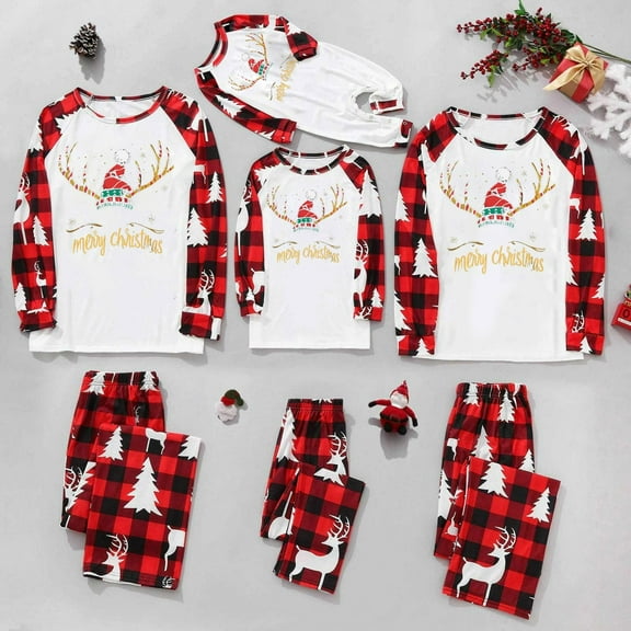 Fjofpr Family Christmas Pajamas Matching Sets Christmas Women Mom Plaid Printed Blouse Pants Family Matching Pajamas Set