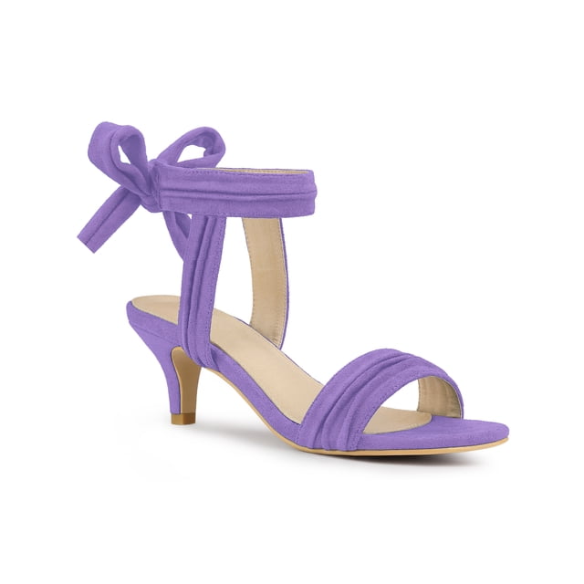 BLISSFUL STEP Women Open Toe Ankle Bow Tie Mid Heels Sandals Purple 7.5