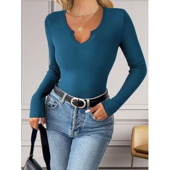 Womens Long Sleeve Shirts V-Neck Slim Fitted Knit Top Stretch Ribbed Basic Tee Casual Y2k Going Out T-Shirt