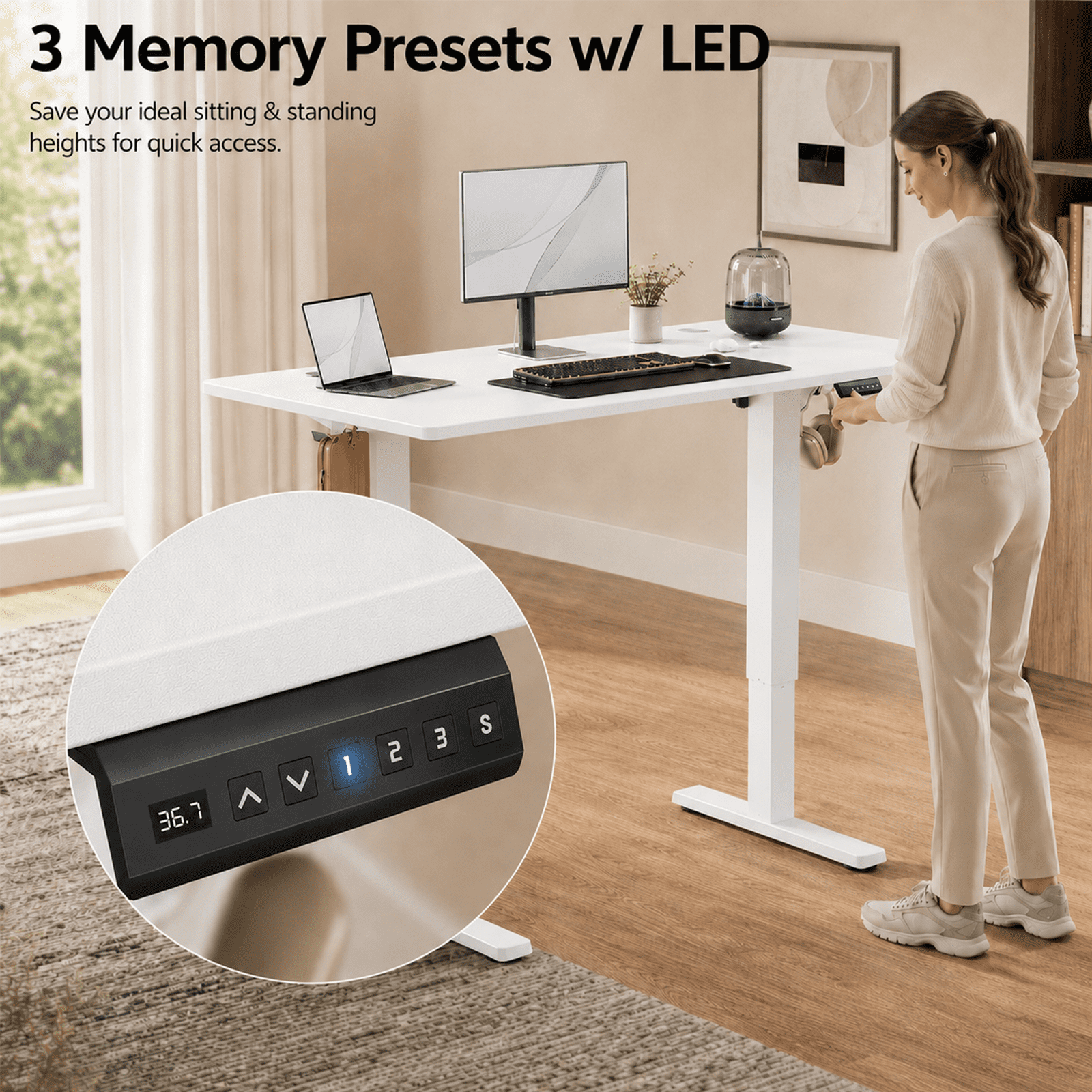 Alvantor Standing Desk, 28.7''- 48'' Height Electric Height Adjustable Home Office Desk with 3 Memory Presets, Sit and Stand Up, T-Shaped Frame