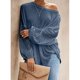 thumbnail image 4 of Camiseta Ahueca Hacia Fuera Manga Larga Cuello oblicuo Color Puro Tops de Un Hombro para Mujer Denim Azul XL, 4 of 6