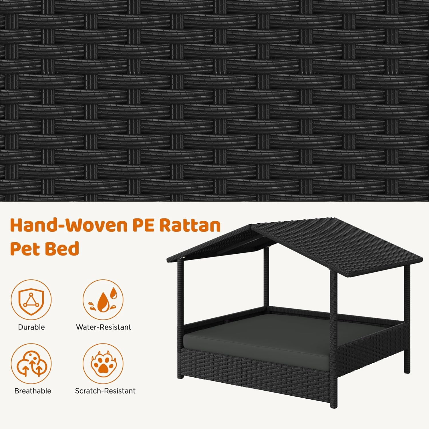 Wicker Dog House Outdoor Indoor with Canopy, Elevated Dog Shelter Dog Bed with Cushion for Small/Medium Dogs, Shade for Deck, Patio, Yard, Pool, Black House, Gray Cushion
