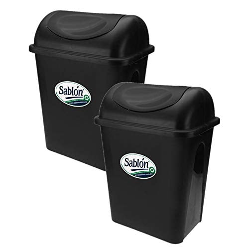 2 pack bote de basura 17l tapa balancín negro sablón 17 litros, color negro, material: plástico resistente — dos botes negros rectangulares de 17 L con tapa balancín frontal, logo Sablón en el frente y ranuras laterales que sujetan la bolsa; ideales para cocina, oficina u hotel; su tamaño también los hace adecuados para guardar artículos de limpieza pequeños.