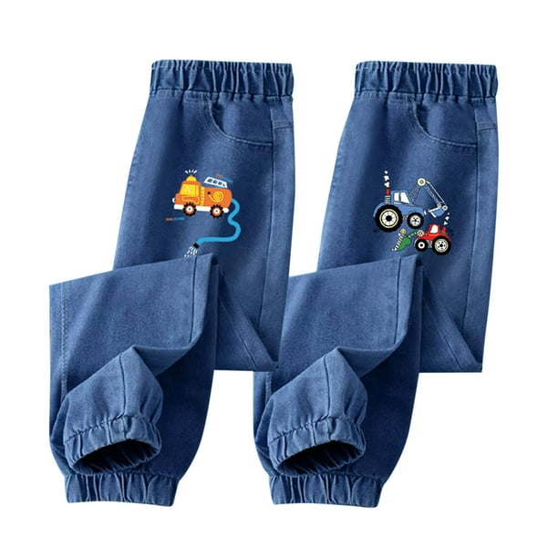 Odeerbi 3-12 Años Niños 2 Pcs Jeans Lindo Excavadora Camión Impresión Pantalones Denim Guapo Suelto Casual Outerwear Vaquero Pantalones