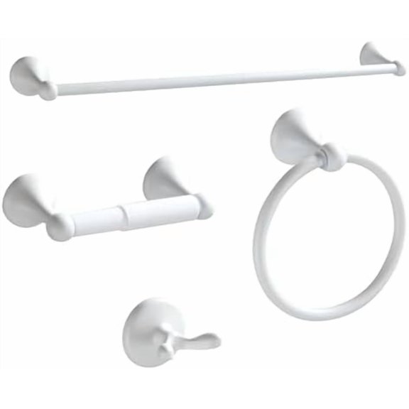 Bathroom Accessories Set, White Paint Expandable Towel Bar 4-Piece Bathroom Accessory Set Wall Mounted Towel Ring Robe Hook Toilet Paper Holder Towel Holder