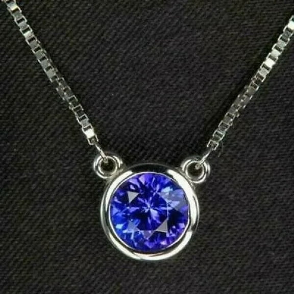 2Ct Round Cut Blue Tanzanite Solitaire Bezel Set Pendant Chain 14K White Gold Finish