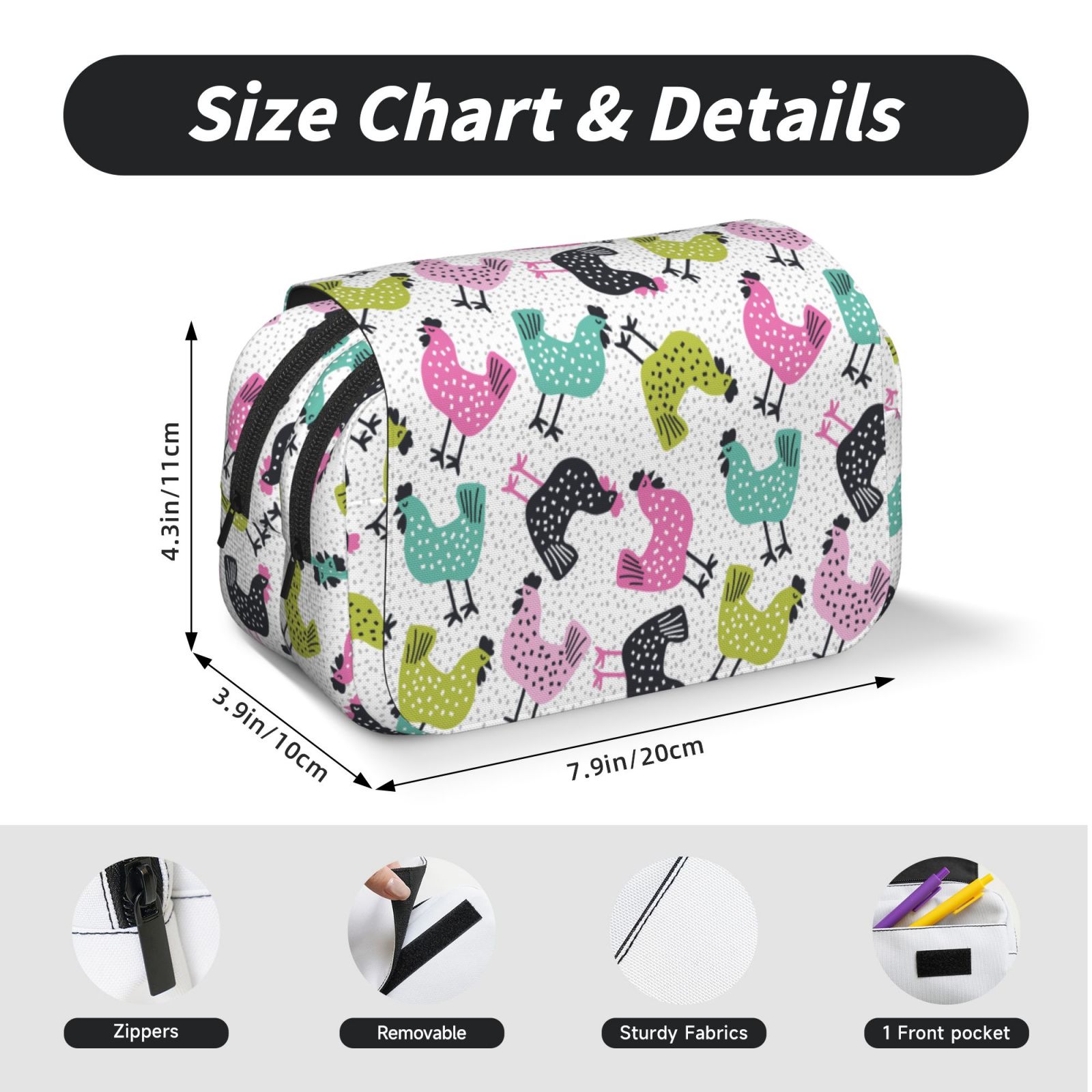 Rateoe Funny Chicken Pattern Double Clamshell Pen Case, Storage Organizer with Two Zipper Compartments– Holds Up to 50 Pencils & Pens