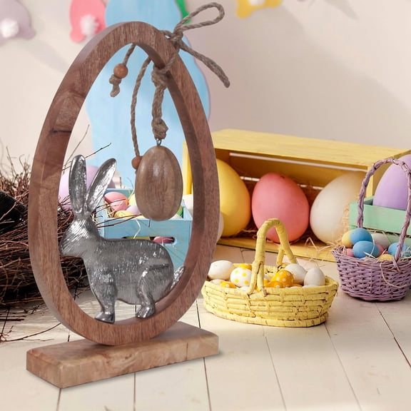 Vivanta Easter Bunny Décor – Wooden & Aluminium Rabbit Bunnies Figurine with Hanging Egg – Rustic Spring & Farmhouse Tabletop Decoration – Easter Home Décor, Brown