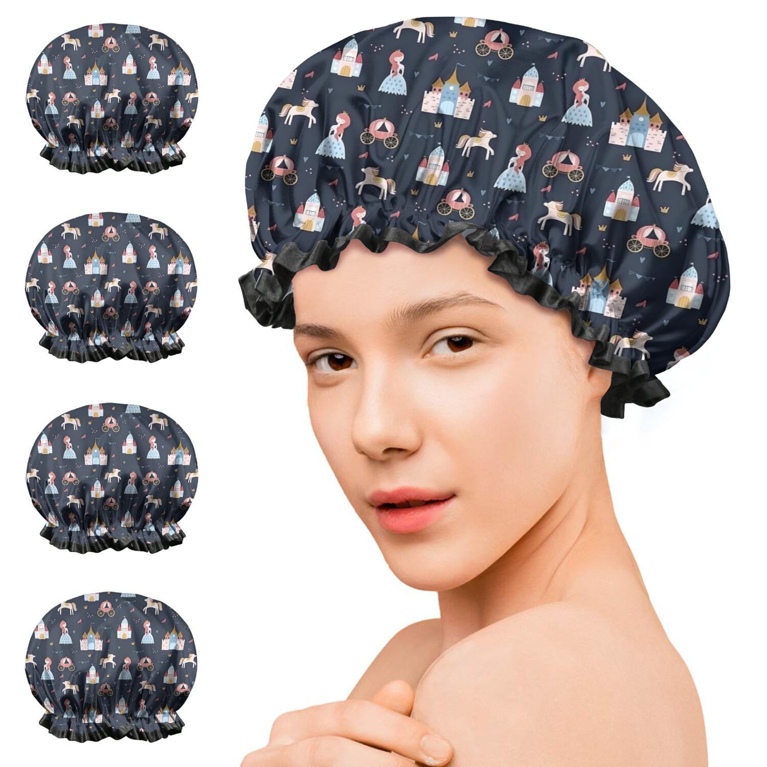 Shower Caps,Dark Princess Castle Pattern Waterproof Shower Cap for Women 4 Pieces,Double Reusable Hair Cover for Shower PEVA Elastic Stretch Hem