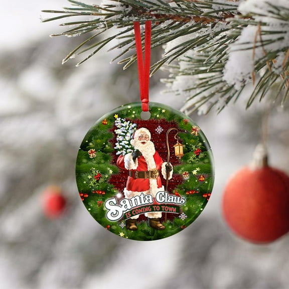 Flagwix Christmas Ornaments|Christmas Tree Decoration| Santa Claus Is Coming To Town |Christmas Gifts, Ceramic Ornaments With Ribbon - Circle, 1 Pcs