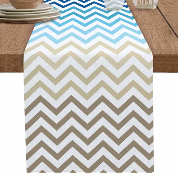 nqOlkjepod Blue Brown Table Runner 48 Inches Long Farmhouse Dress Scarves, Modern Chevron Waves Khaki Geometric Stripes Dining Tablerunner for Coffee Table/Kitchen Island/Party Décor, 13" x 48"