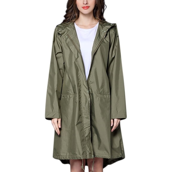 Women's Glossy Solid Hooded Raincoat Loose Fit Windproof Zipper Jacket Outdoor A-Line Windbreaker Coat for All Seasons