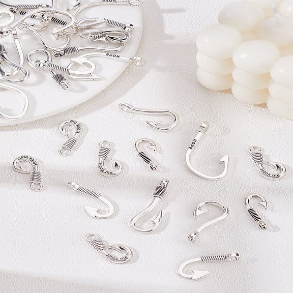 36Pcs 6 Styles Style Alloy Hook Clasps Fish Hook Charms for Leather Cord Bracelets Making Silver 36x24x8mm Hole: 5.5mm