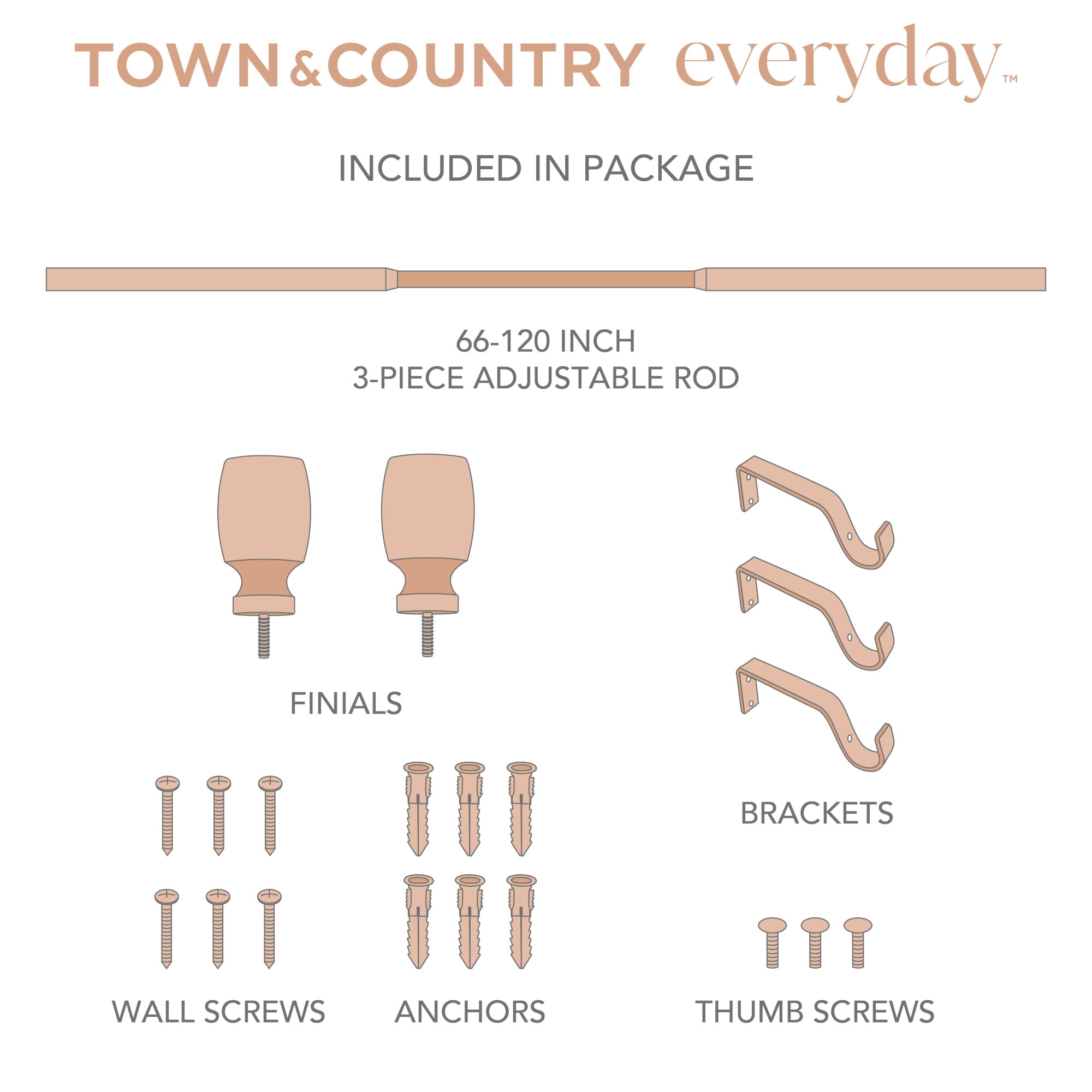 TOWN & COUNTRY EVERYDAY Modern Smooth Edge Cylinder Single Indoor Curtain Rod and Finial Set, Easy Install Wall Mount, Oil Rubbed Bronze, Adjustable 66”-120”