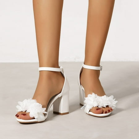 

Pmoiste Elegant Chunky Heel for Women Summer High Heels Bride Wedding Shoes Flower Top Open Toe Ankle Strap Block Heeled Sandals White 4.5