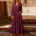 thumbnail image 3 of Women's Maxi Dress Long Sleeve V-Neck Loose Fit Button Down Cotton Linen Retro Swing Dress for Spring Fall Casual Daily Wear,Wine,3XL, 3 of 7