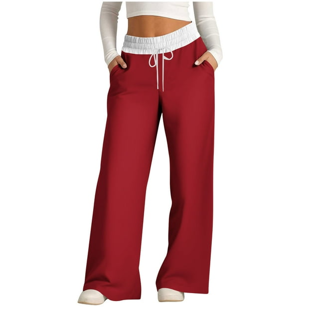 Timegard Wide Leg Pants for Women Elastic High Waisted Drawstring Color Block Loose Comfy Lounge Pants
