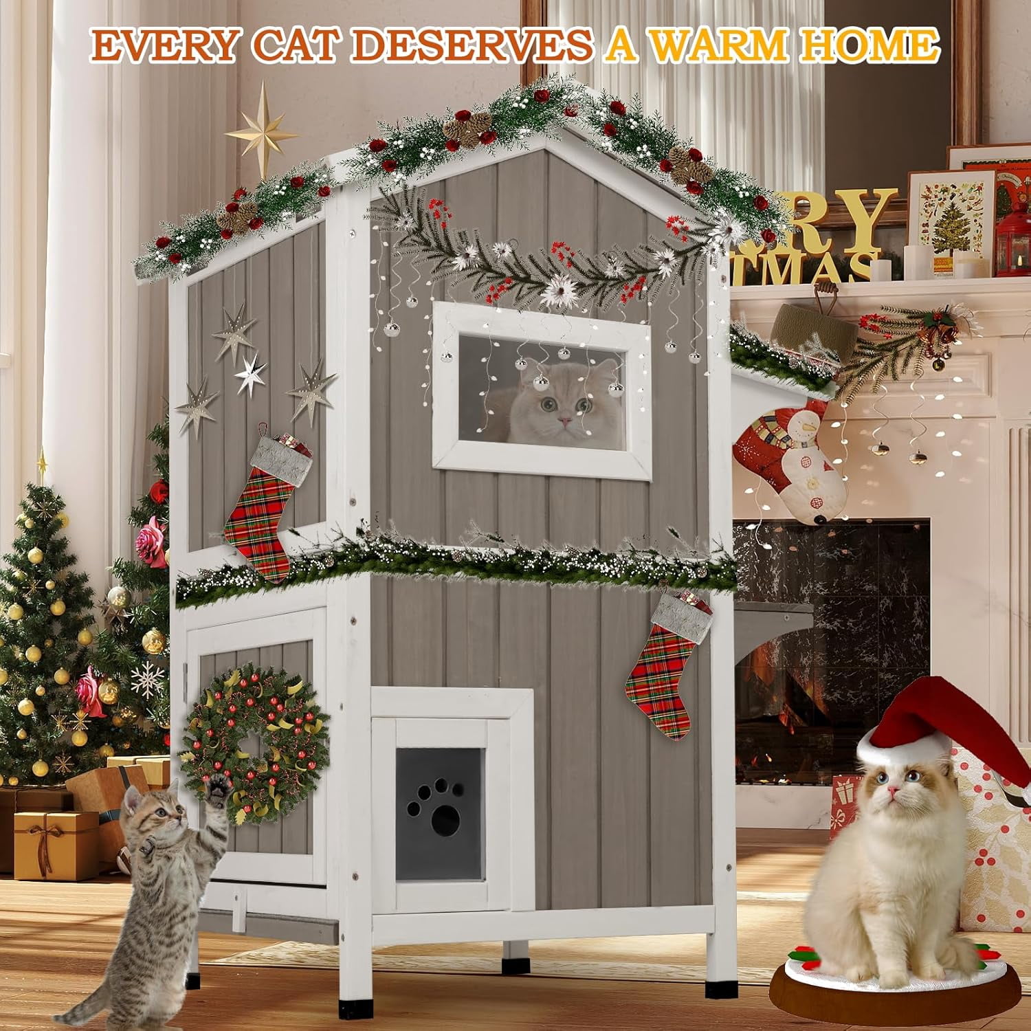 PETSCOSSET Insulated Outdoor Cat House Two Story - Weatherproof Elevated - Gray