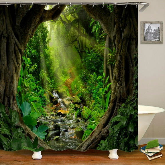 Dafield Mountain Shower Curtain Nature Pictures Lake Landscape Primitive Smoky Cloth Black Forest Fabric Bathroom Shower Curtain