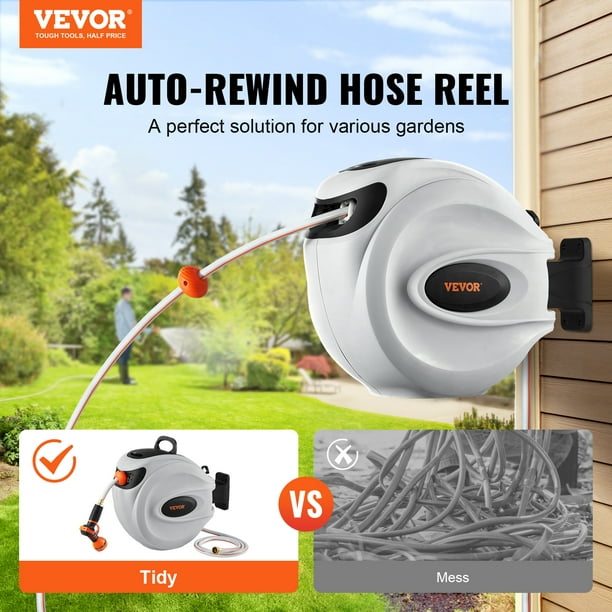 VEVOR Retractable Hose Reel, 65 ft x 5/8 inch, 180° Swivel Bracket  Wall-Mounted, Garden Water Hose Reel with 9-Pattern Nozzle, Automatic Rewind,  Lock at Any Length, and Slow Return System 