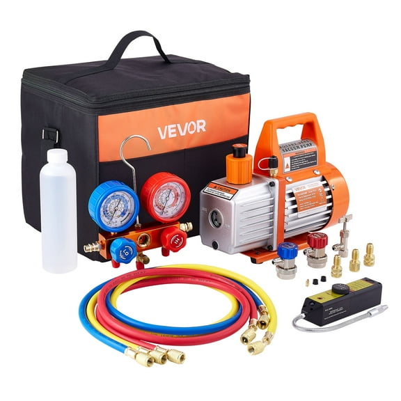 VEVOR 4 CFM AC Vacuum Pump and Gauge Set, 1/3 HP, Single Stage Rotary Vane HVAC Air Vacuum Pump, A/C Refrigerant Manifold Gauge Kit, with Leak Detector, Carry Bag, for R134a R22 R410a Refrigerants