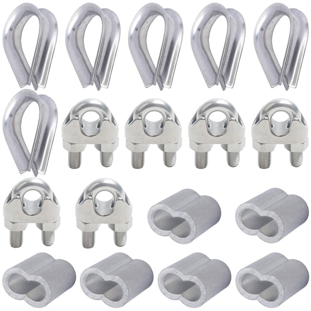 18Pcs M6 Wire Rope Accessory Set, 304 Stainless Steel Wire Rope Cable Clip Clamp Stainless Steel Thimble Aluminum Crimping Loop Sleeve for 1/4 Inch Wire Rope Cable