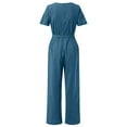 thumbnail image 6 of Jacenvly Summer Clearance 2024 New Women's Solid Pocket Romper Short Sleeve V-Neck Belt Loose Overalls Cotton and Linen Jumpsuit Breathable Two Piece Outfits Women Plus Size Blue, 6 of 7