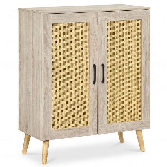 Costway Rattan Shoe Cabinet with 3 Removable Shelves,5-Tier Narrow Cabinet Wood Legs Natural