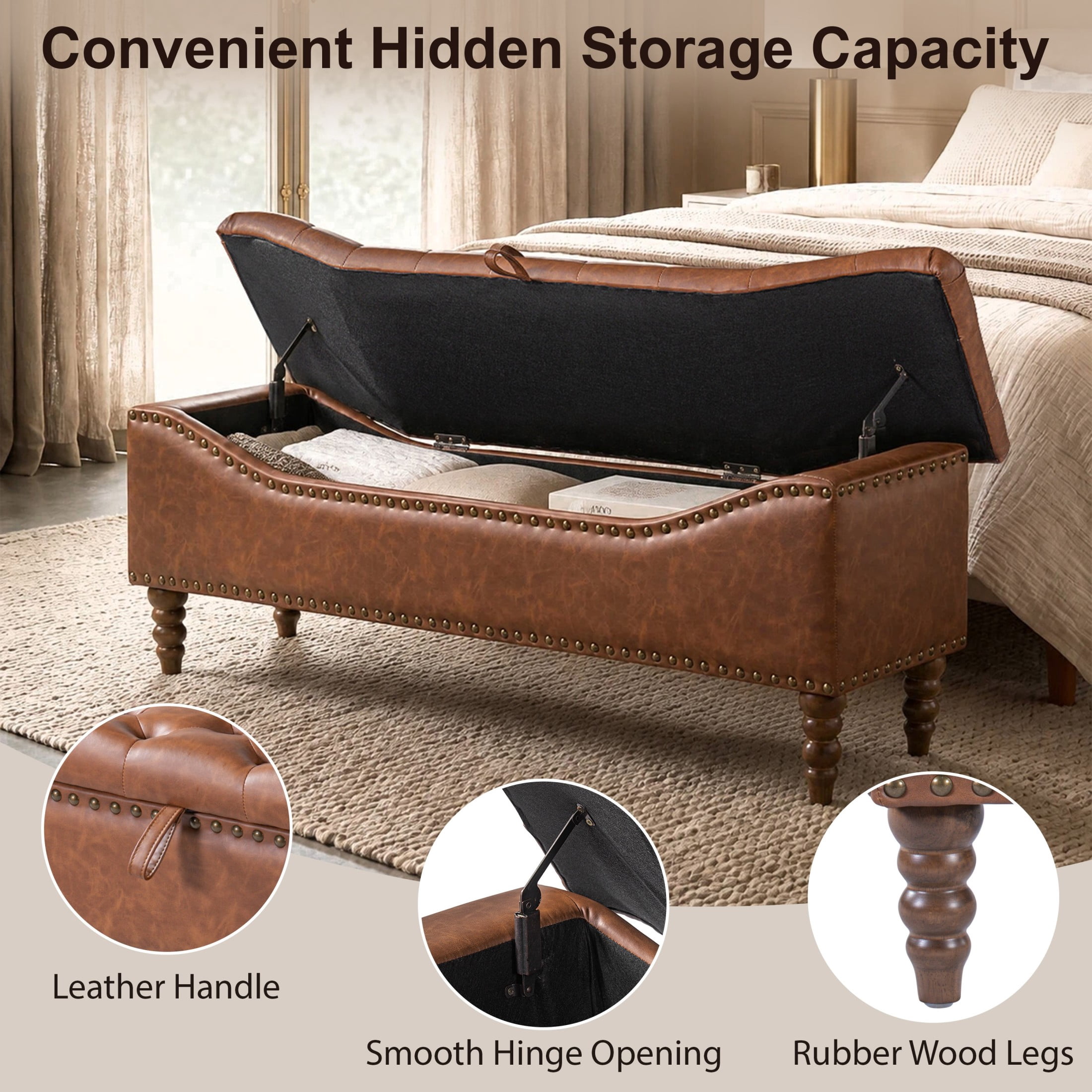 Christopher Knight Home PU Leather Storage Bench, Button-Tufted Ottoman with Nailhead Trim, Brown