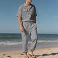 thumbnail image 5 of Hinvhai Men 2 Piece Linen Set Outfits Drawstring Long Pants Button Down Roll Up Sleeve Shirts Beach Wedding Suit Sets Gray M(M), 5 of 9
