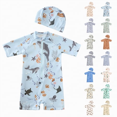 YDFCWXW Boys Girls Short Sleeve Rashguard Swimsuit Zipper Swimwear Toddler Kids 2 Pcs Floral Printed Bathing Suit + Hat (Blue 18-24 Months)
