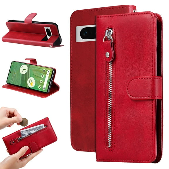 SaniMore Case for Google Pixel 7 6.3" 2022, Zipper Wallet Pocket Caed Slots Retro PU Leather Shockproof Drop-proof Flip Kickstand All-around Protective Shell for Google Pixel 7, Red