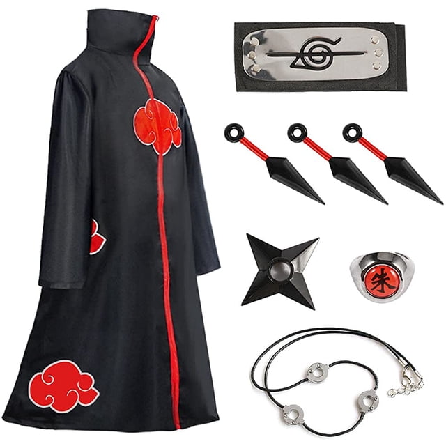 Capa de Akatsuki Itachi para niños, capa de Naruto, bata de Akatsuki, disfraz de Cosplay de Halloween con anillo para la cabeza Adepaton WMCH-36