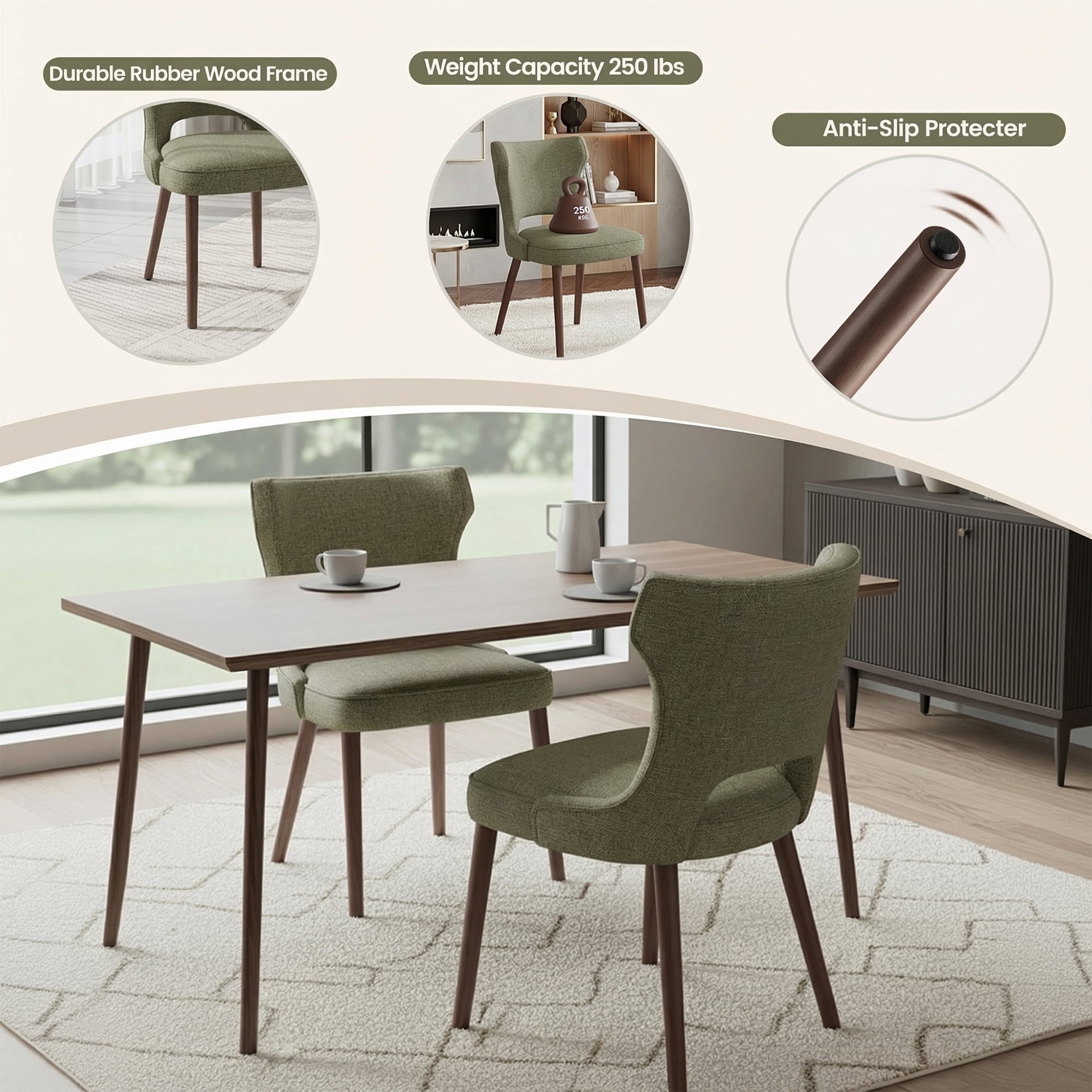 EOP Modern Fabric Upholstered Dining Chairs Set of 4, Wingback Dining Side Chairs with Solid Wood Legs, Farmhouse Dining Room Chairs for Dining Kitchen Living Room, Green