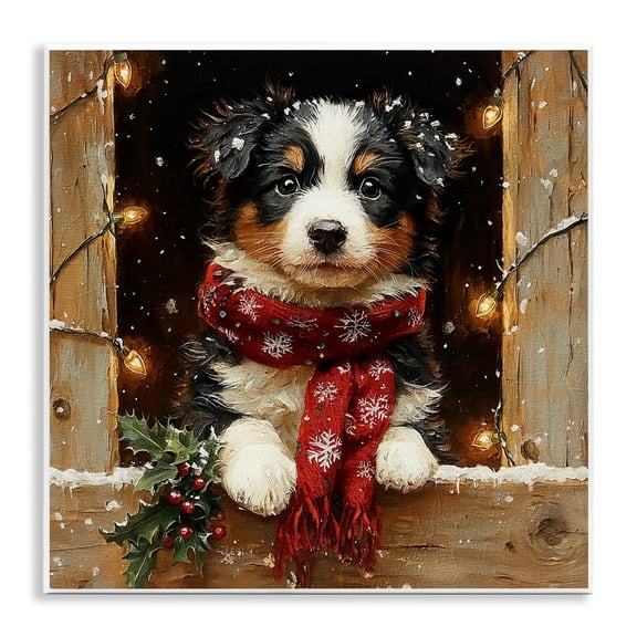 Stupell Industries Snowy Christmas Lights Puppy Animals Painting Unframed Art Print Wall Art, 12 x 12