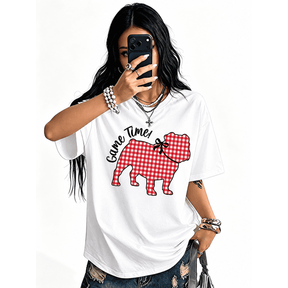 【New Arrival】 Game Time Bulldog Graphic T-Shirt, Gingham Check Sports Short Sleeve Crew Neck Tee