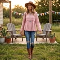 thumbnail image 6 of Linen Blouses for Women Summer Cute Fringe Long Sleeve Modest Tunic Tops Casual Y2k Baggy Crew Neck Plain T Shirts Pink L, 6 of 7