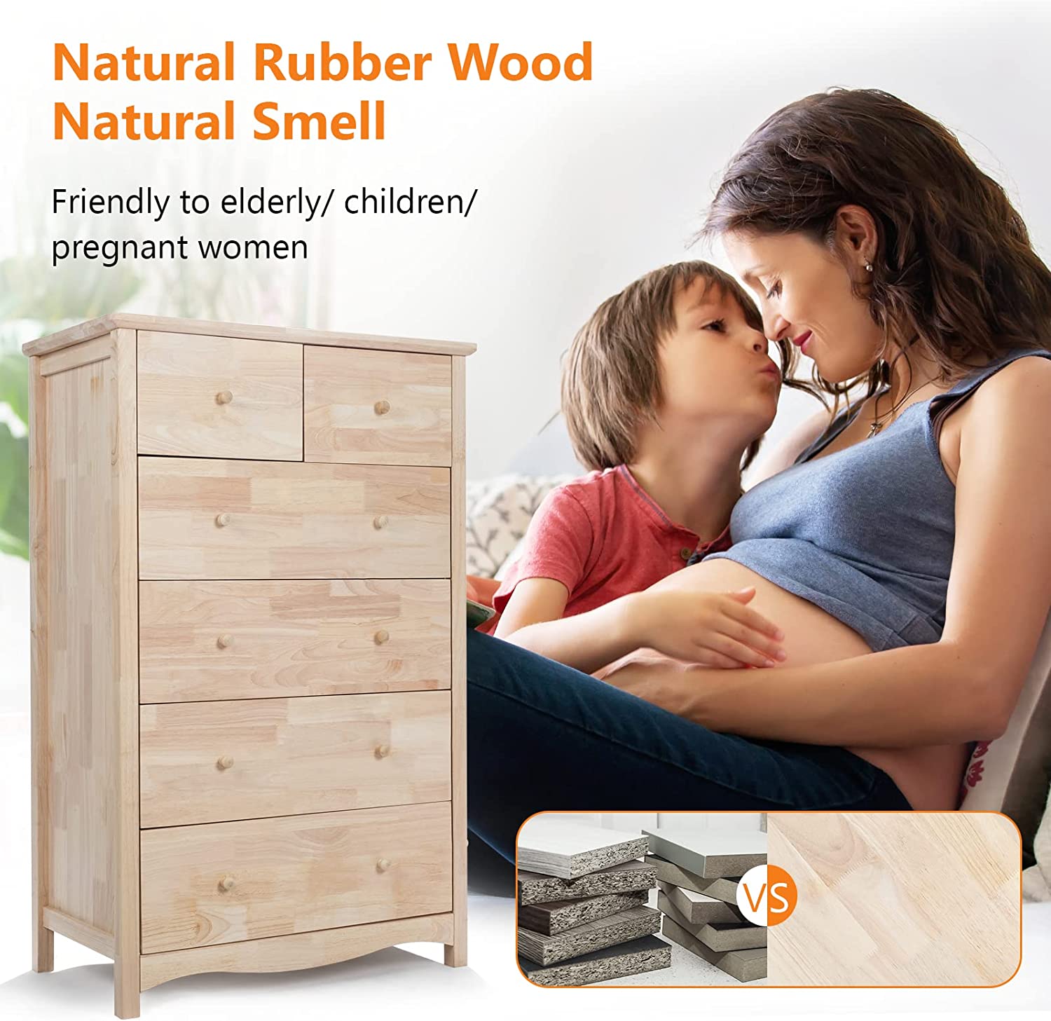 VINGLI Unfinished Farmhouse Natural Solid Wood Tall 6-Drawer Dresser for Bedroom Vintage Dressers Chests of Drawers