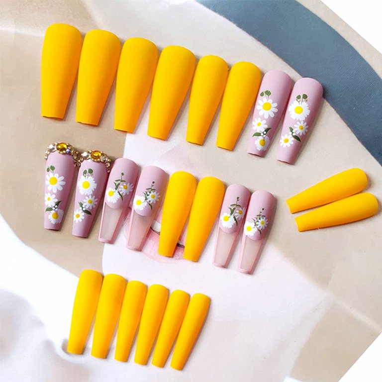 Long yellow acrylic nails with rhinestones  Yellow nails, Bling nails,  Square acrylic nails