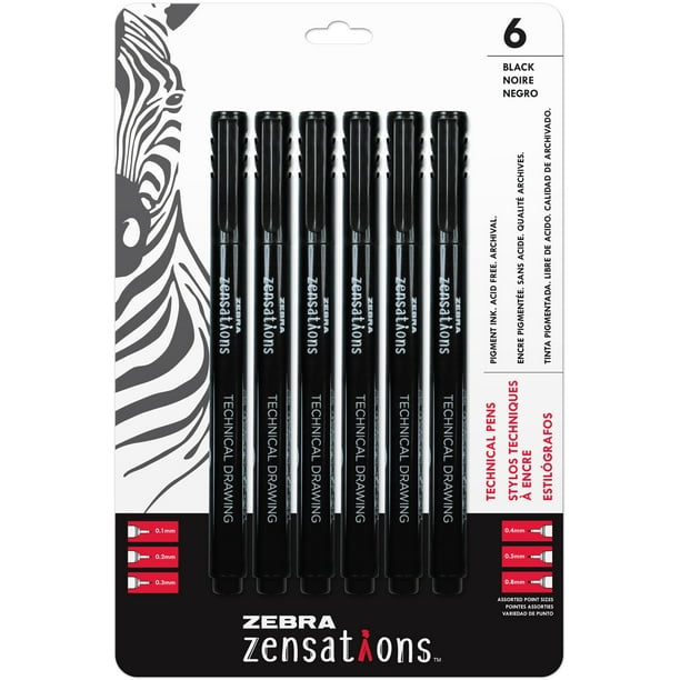Zebra Stylos Techniques Zensations 6/Pkg-Black, Tailles de Pointes Assorties