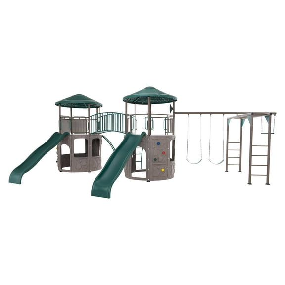 Lifetime Kid's Double Adventure Tower Swing Set with Bridge and Monkey Bars (90966)
