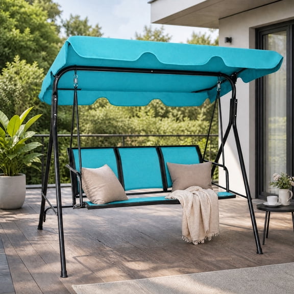 3-Seat Outdoor Patio Swing with Adjustable Canopy and Heavy-duty Metal Frame-Blue
