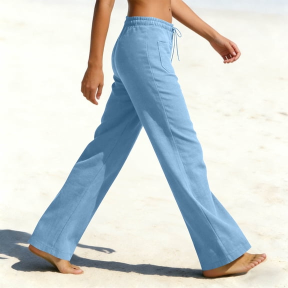 Cagogo Women Wide Leg Elastic Waist Pants with Pockets Casual Loose Long Trousers Flowy Summer Beach Lounge Wear Fashion Daily Pants, Light Blue L