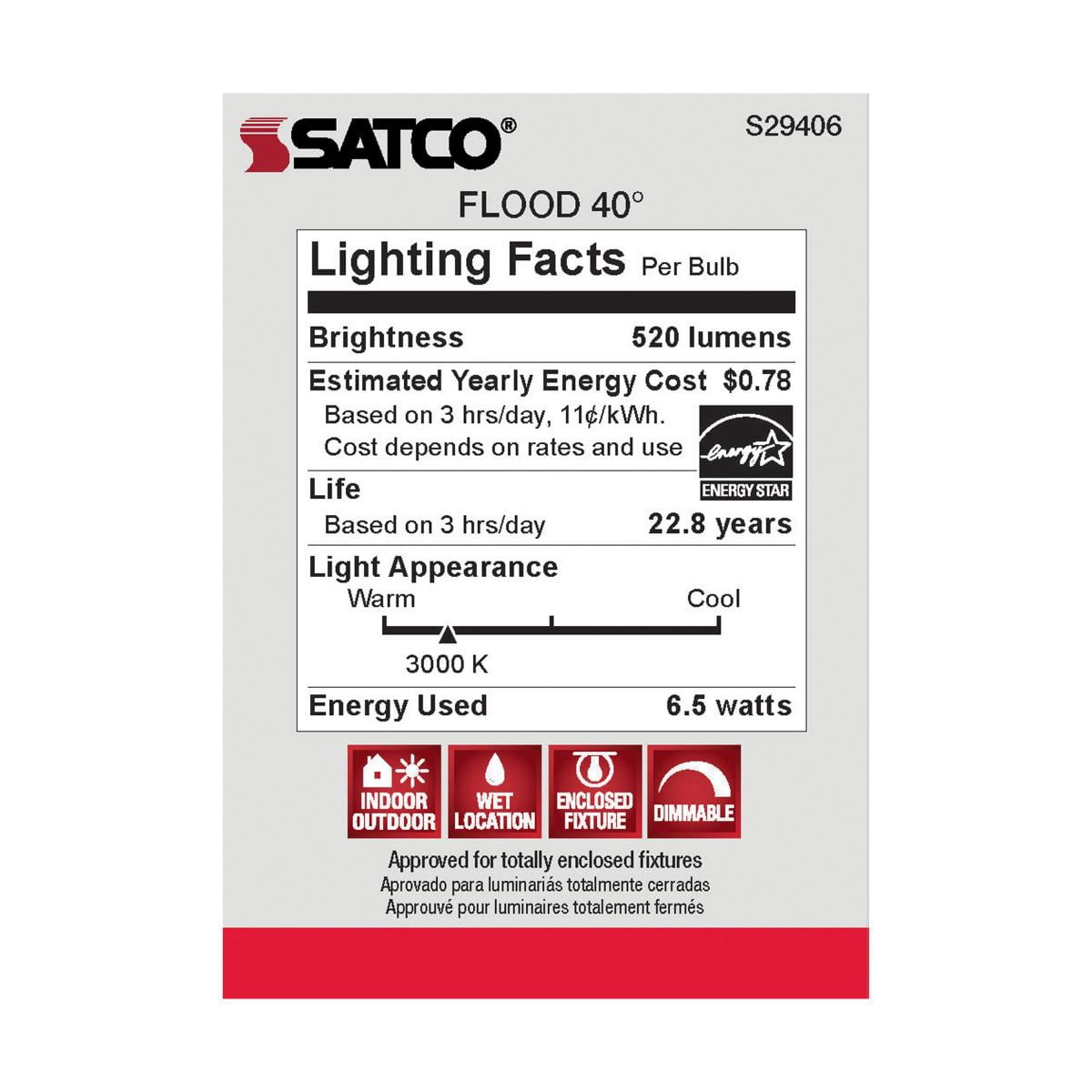 Satco S29406 6.5 Watt; PAR20 LED Light Bulb; Medium base ; 120 Volt;  6-Pack