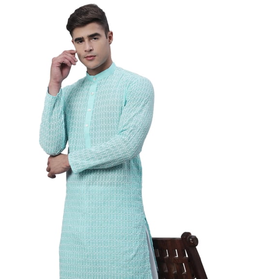 Sojanya (Since 1958) Men'S Pure Cotton Blue Kurta With White Embroidery